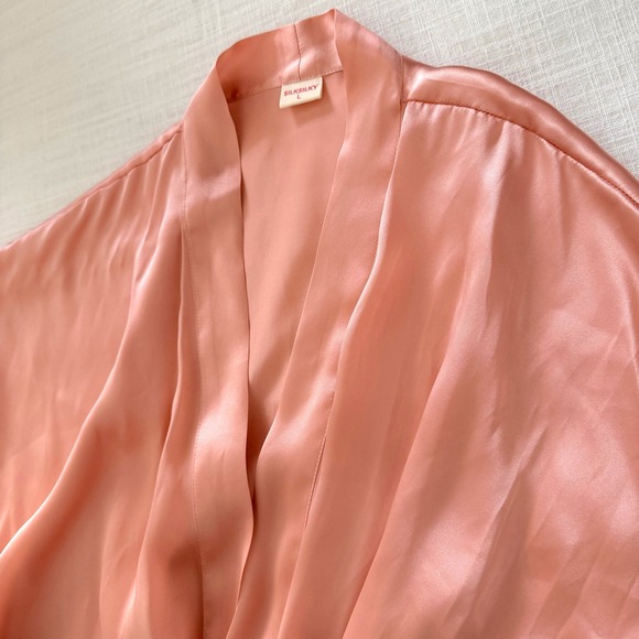 Silksilky Peach 100% Silk Robe Short Kimono Wrap Women's LG  Loungewear Bridal - Picture 11 of 13